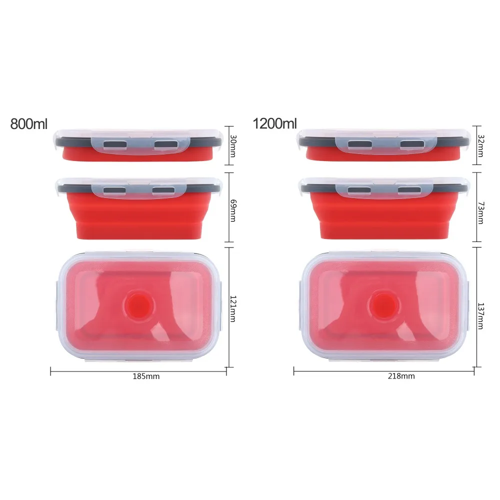 4 шт. красная Силиконовая прямоугольная коробка для ланча, складные коробки для бэнто, портативный складной контейнер для еды, посуда