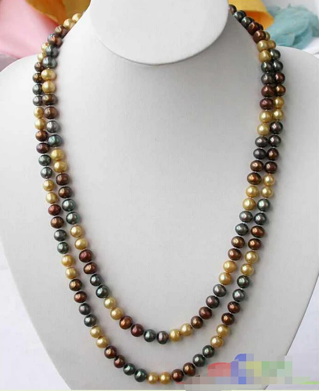 

50" 9MM COFFEE GOLD BLACK ROUND FRESHWATER CULTURED PEARL NECKLACE p1513Noble style Natural Fine jewe fast SHIPPING
