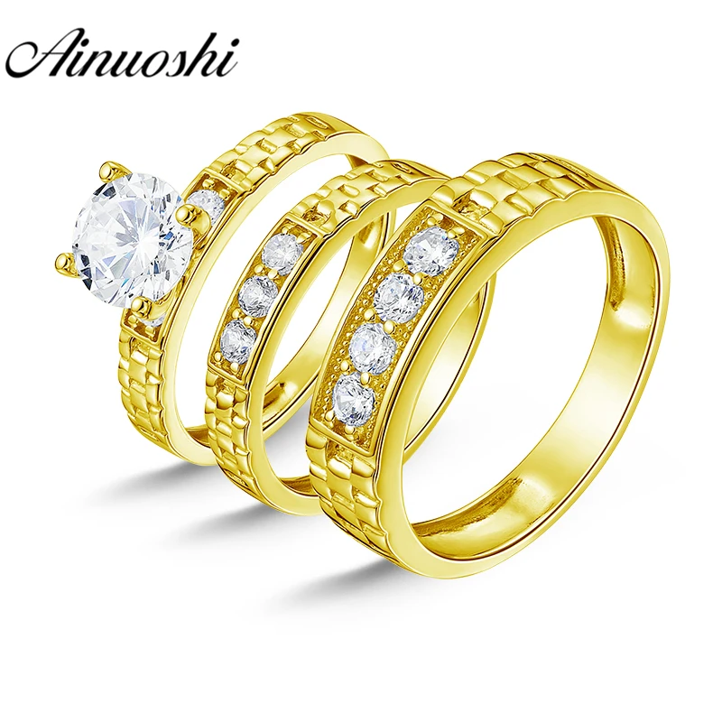 Ainuoshi Real 14k Solid Yellow Trio Couple Rings Set Sona Diamond