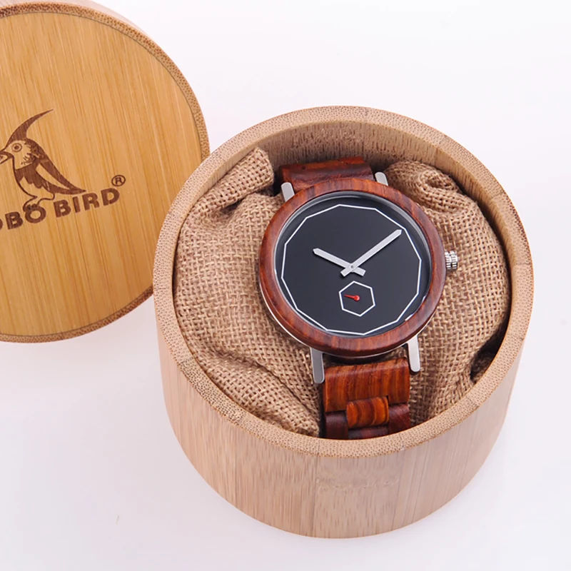 BOBO BIRD Mens Watch Red Sandalwood Analog Wooden Quartz wrist Watches With Luxury Watch Famous Brand in Gift Box Free Shipping