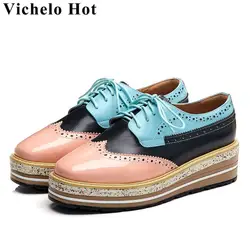 Vichelo/популярные женские туфли-лодочки в европейском стиле на танкетке средней высоты, с квадратным носком, смешанных цветов, на шнуровке