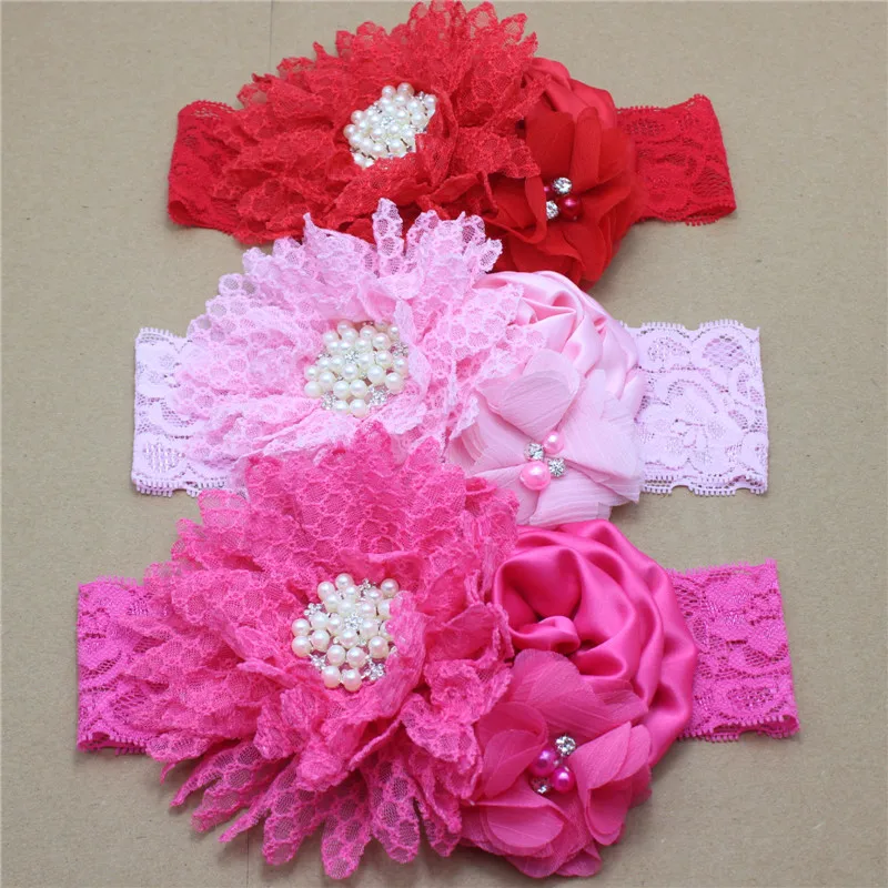 1 шт., детская розовая шифоновая Кружевная повязка на голову с цветами, стразы, тканевая повязка на голову с цветами для девочек, детские аксессуары для волос