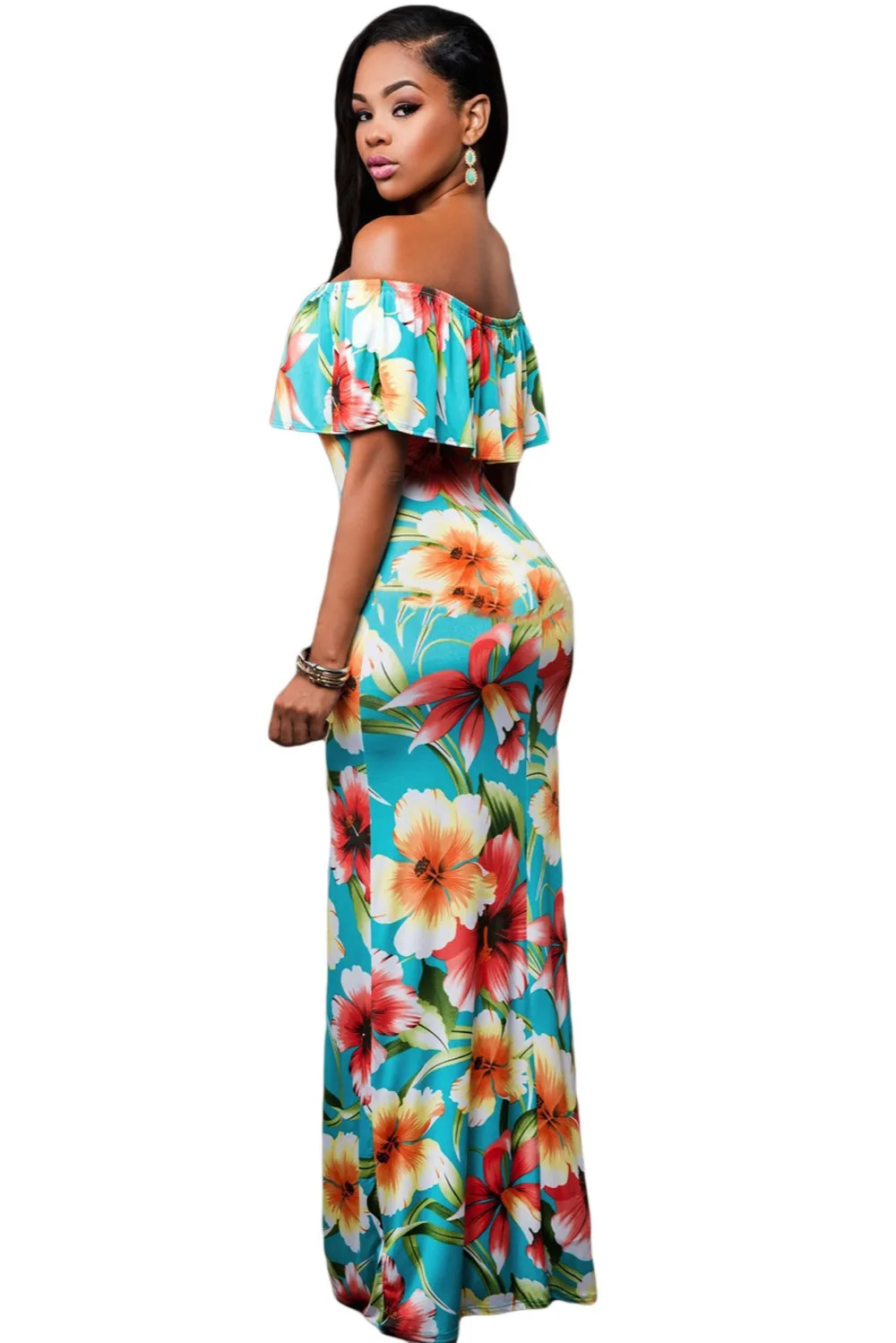 Turquoise-Roses-Print-Off-the-shoulder-Maxi-Dress-LC61189-4-2