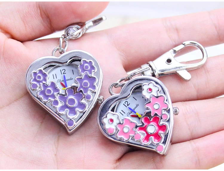 2016 new Purple pink Flower Pocket Watch Necklace Pendant Heart shape Girl Lady Women