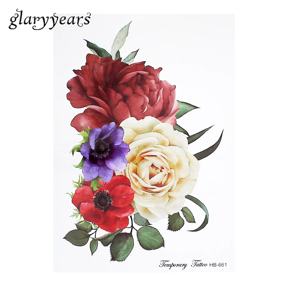 071 30 De Réduction1 Pièce Coloré Rose Fleur Motif Tatouage Conception Sexy Femme épaule Arrière Jambe Corps Art Temporaire Tatouage Autocollant