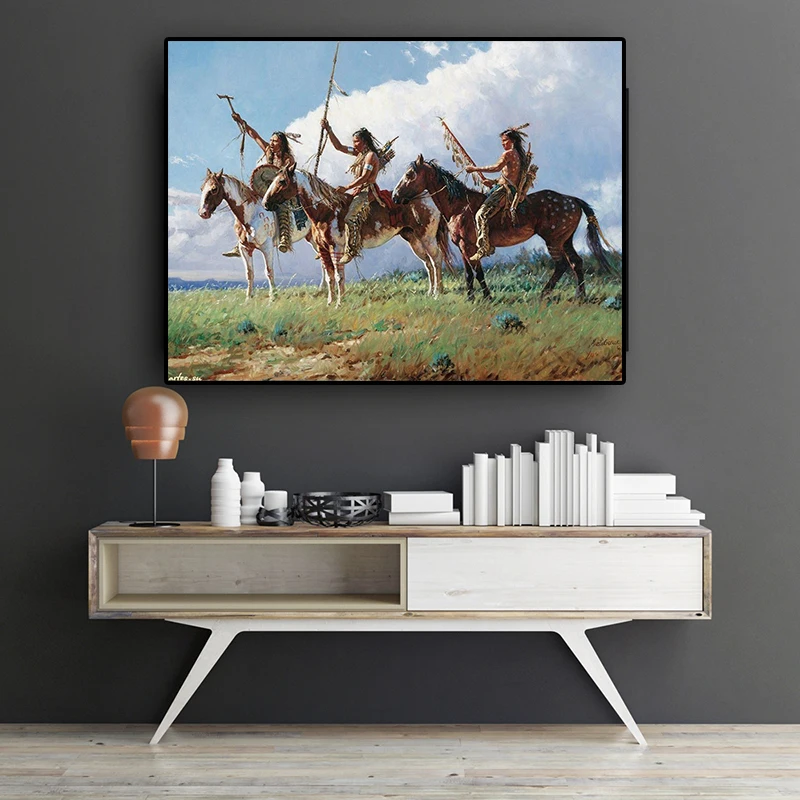 

Native Indian Figure Landscape Oil Painting on Canvas Posters and Prints Scandinavian Wall Art Picture for living room