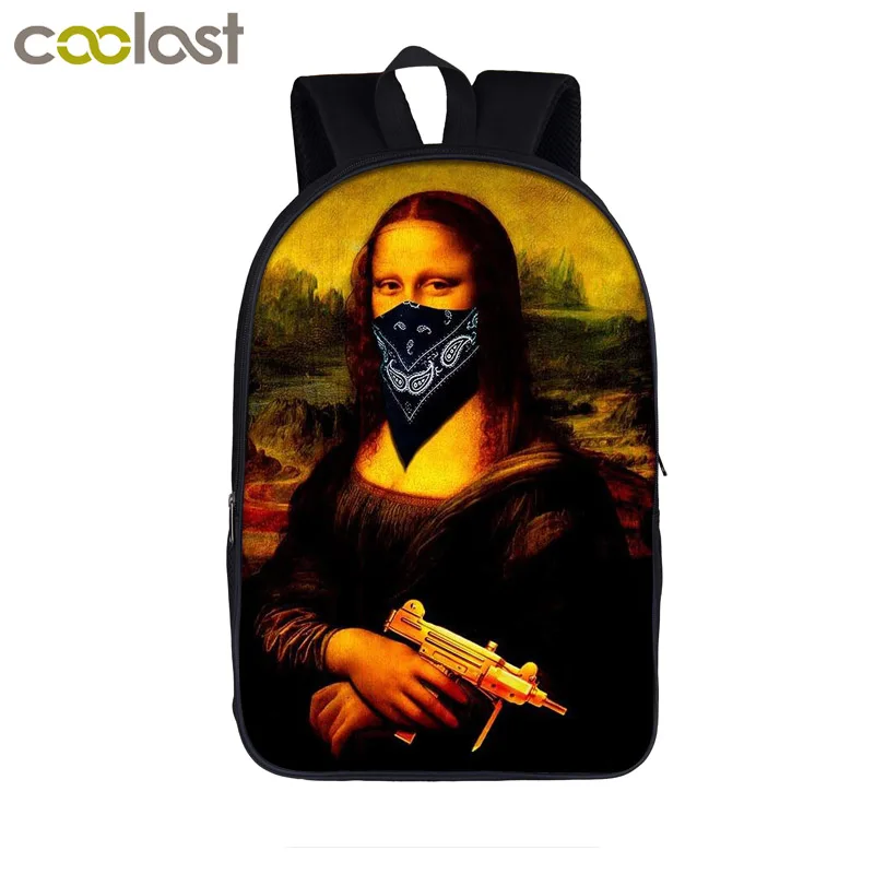 Pаспродажа Забавный Mona Lisa рюкзак для девочек подростков мальчиков детские школьные сумки рюкзак для ноутбука mochila женская сумка для отдыха мужские дор...