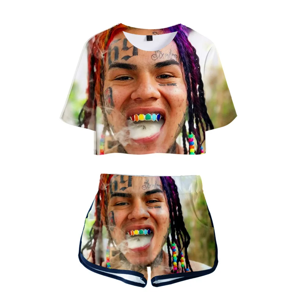 Женский комплект из 2 предметов укороченный топ и короткие штаны с 3D принтом 6ix9ine