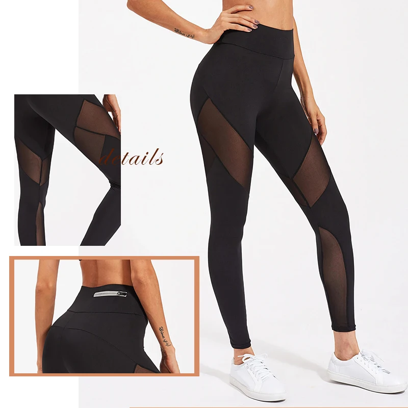 SweatyRocks Активный сетки Панель молниями леггинсы Activewear Высокая Талия обтягивающие леггинсы весенние пикантные Для женщин леггинсы