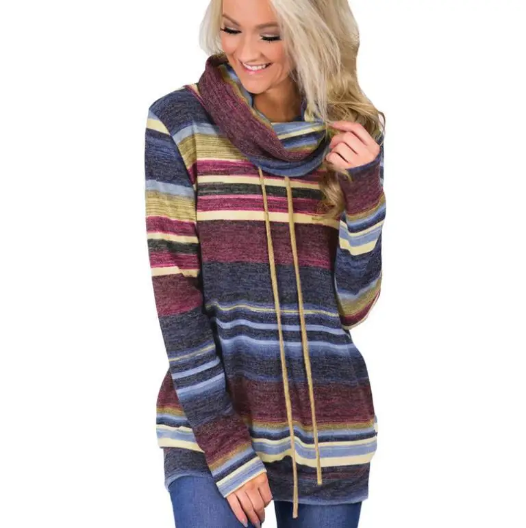 Свитер с высоким воротом, женский свитер с длинным рукавом на осень и зиму,, полосатый разноцветный Повседневный пуловер, вязаный свитер на шнуровке, туника