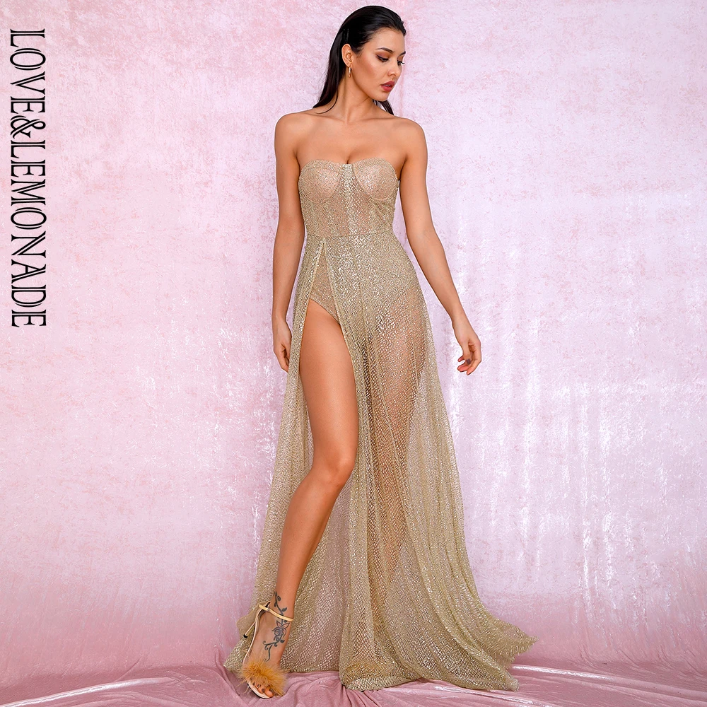 

LOVE&LEMONADE Sexy Gold Strapless Tube Top Glitter Material Split Poncho Maxi Dress LM81971 Autumn/Winter