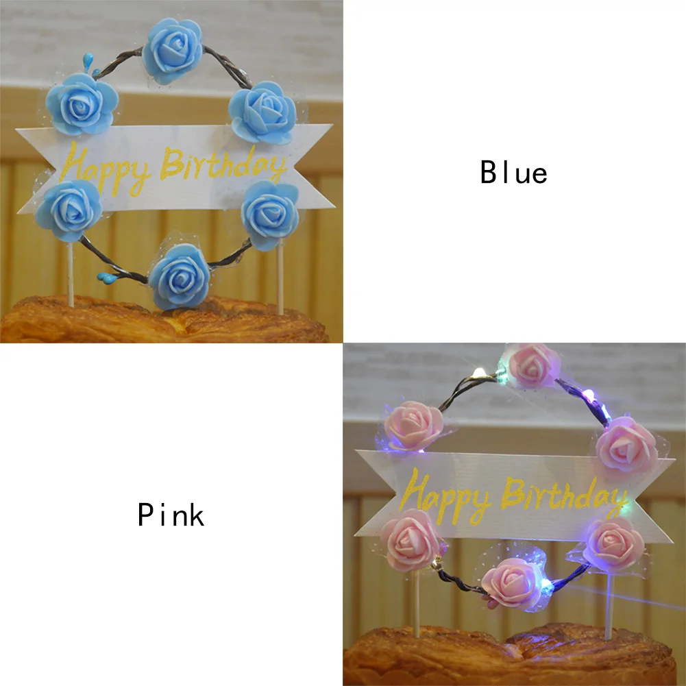 Party Supplies Birthday Dessert Reusable Anniversary Exquisite Cake Topper Romantic Flower Garland DIY LED Lighting Gift Flag