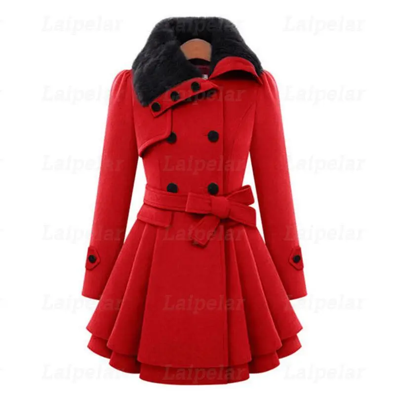 

Winter Wool Coats For Women 2018 Fashion Casual Double Breasted Wram Thick Coat Fur Collar with Belt Overcoat Elegant Dress