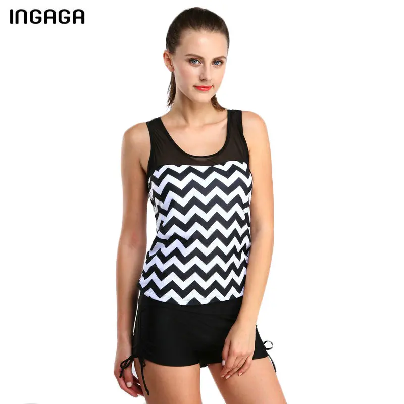INGAGA 2018 Vintage Tankini Set Swimwear Women Two-piece Swimsuits Wave Striped Printing Sexy Mesh Bathing Suits Beachwear INGAGA 2018 Vintage Tankini Set Swimwear Women Two-piece Swimsuits Wave Striped Printing Sexy Mesh Bathing Suits Beachwear