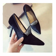 2017 New Arrival Dress Shoes Women Genuine Leather Rhinestones Sheepskin Pointed Toe Pumps Velvet Fashion High Heels