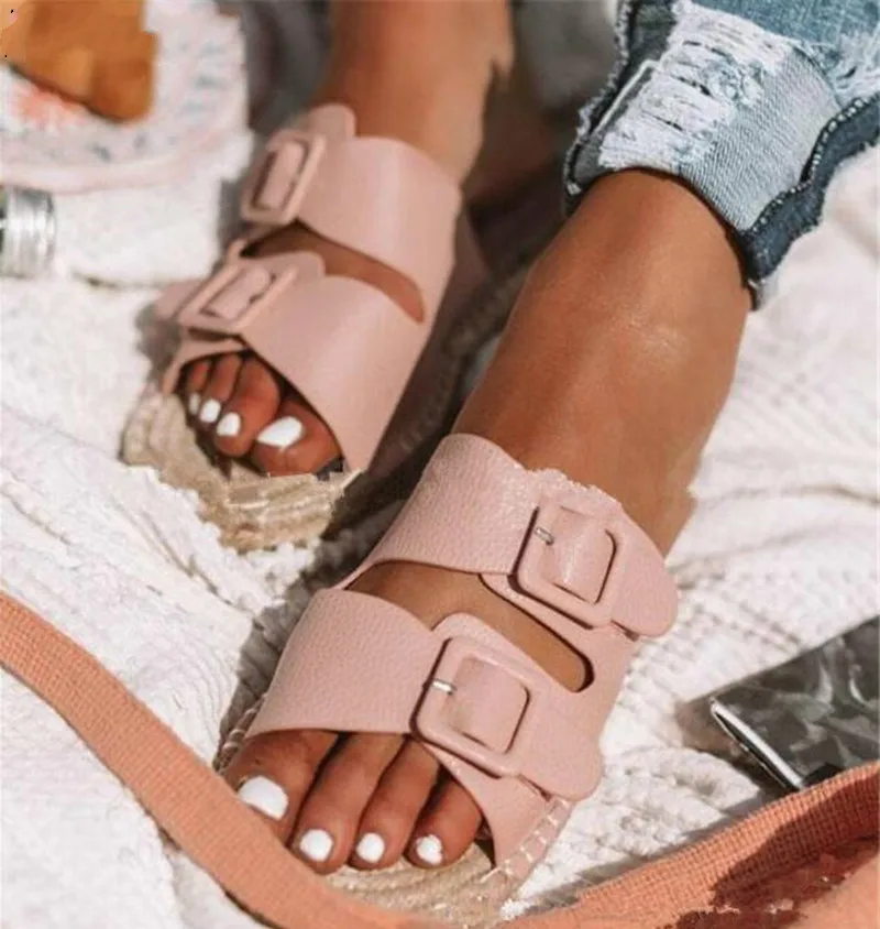 

New Flat Women Slippers Summer Ladies Open Toe Beach Weaving Slip On Slide Ladies Breathable Buckle Casual Woman Shoes Dropship