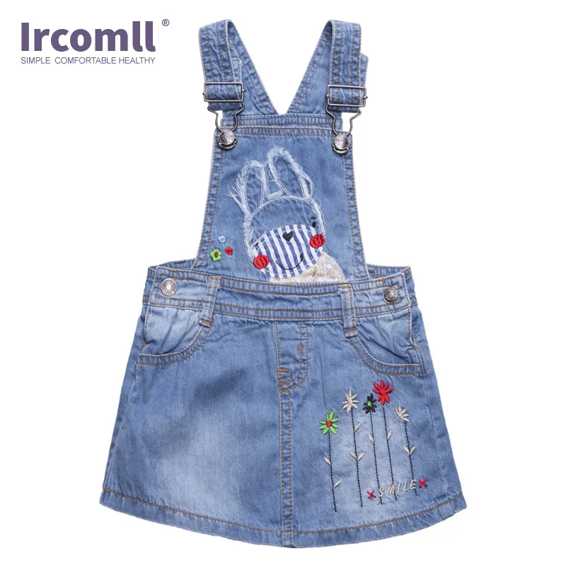 

2018 Fashion Baby Girls Bib Overalls Denim Jumper Dresses Cute Rabbit Flowers Mini Jeans Cotton Blue Suspender Dress