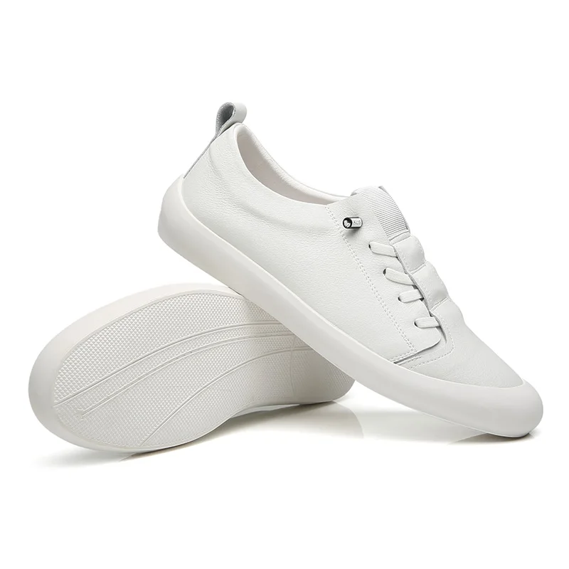 Summer New Genuine Leather Casual Shoes Men's Driving Shoes Soft Bottom Flat Loafer Shoes Men Solid White Lace-Up Leisure Shoe