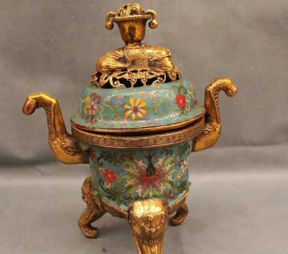 

12" Chinese Dynasty Cloisonne Bronze Gild Elephant Incense Burner Censer Statue