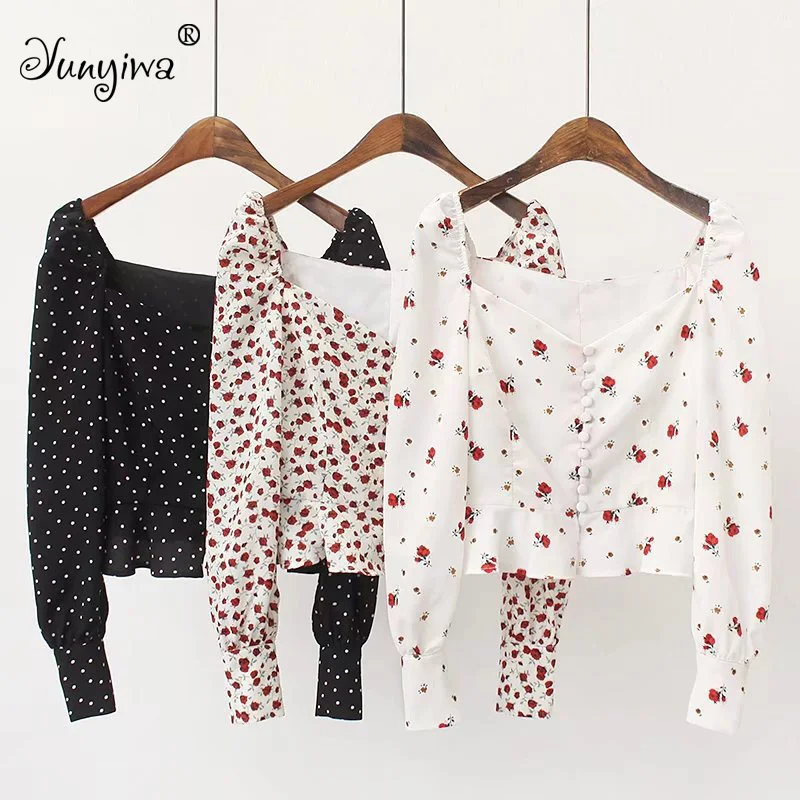 

Yuuyiwa Women Blouses Shirts Printed buckled long-sleeved shirt ladies ruffled high waist short top jacket Tops Blusas Mujer De