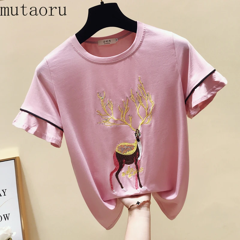 

Embroidery Deer Woman Summer 2019 new round collar flare sleeve T-shirts christmas shirt