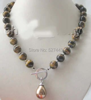 

Wholesale free shipping >>21" 12mm round tiger eye necklace & 14mm shell pearl
