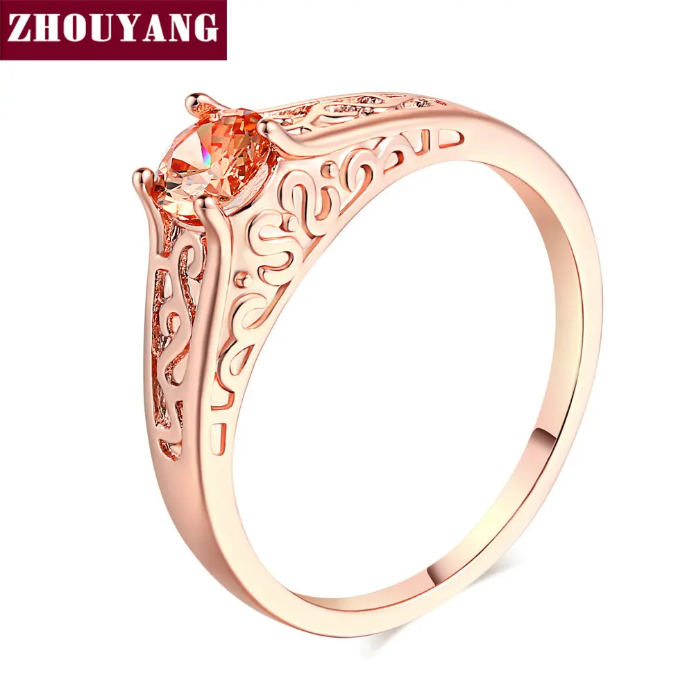 

ZHOUYANG Ring For Women Simple Hollow Out Orange Crystal Cubic Zirconia Rose Gold Color Wedding Party Gift Fashion Jewelry R125