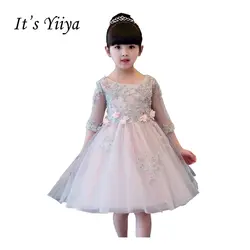 Это yiiya розовый Половина рукава Бисер молнии с цветочной аппликацией длиной до колена бальное платье принцессы Платье для девочек с