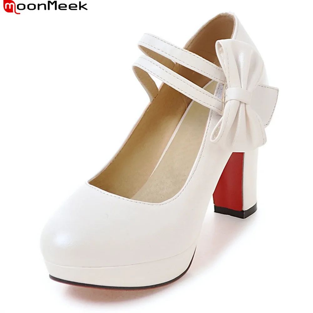 

MoonMeek 2018 sweet platform shoes with butterfly knot round toe extreme high heels hook loop square heel women pumps