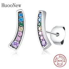 925 пробы Серебряный минималистский квадратный дуги любви Радуга циркония альпинист серьги гвоздики женские Femme вечерние Brinco Мода г