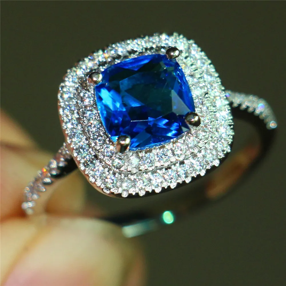 

choucong Jewelry Fashion 925 Sterling Silver Blue Square CZ 2 Surround Pave setting 5a Zircon ring Wedding Band Rings For Women