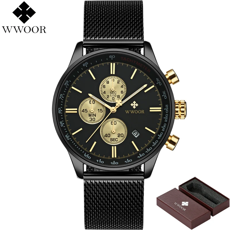 WWOOR Топ бренд класса люкс для мужчин s часы бизнес хронограф водонепроницаемый золото нержавеющая сталь спортивные мужские кварцевые наручные часы Мужские часы - Цвет: Black Gold