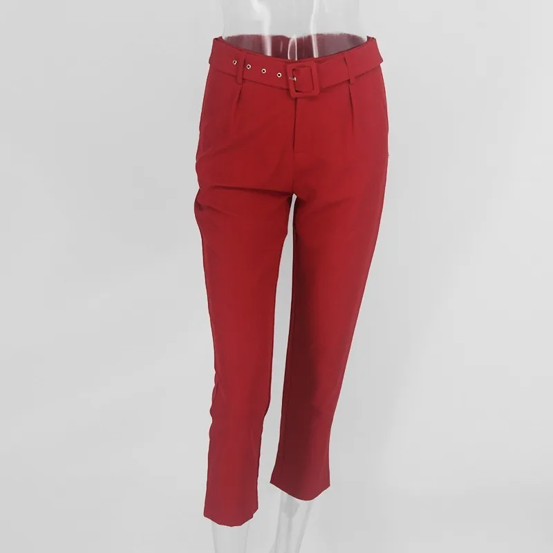 COSYGAL Belt Ankle Length Pencil Pants Red Skinny Sexy Trousers Women INS Fashion Streetwear Ladies High Waist Pants - Цвет: Red