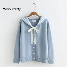 Merry Pretty 2019 Autumn Winter Preppy Style Cardigans Female Cute Kawaii Lotita Single-breasted Women Sweaters Outwear with Bow vintage british detective cat women neko paw print tie double breasted brown cape cloak cute preppy style lolita outwear winter