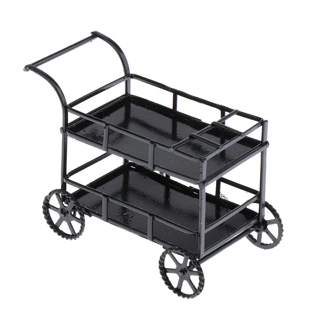 

1/12 Dollhouse Miniature Metal Rocker Stroller Dining Cart Black