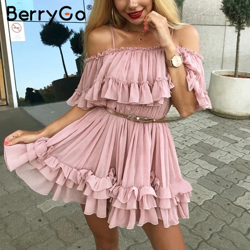 BerryGo элегантное женское платье с оборками и открытыми плечами повседневное Плиссированное шифоновое кружевное мини-платье женское праздничное пляжное свободное летнее платье
