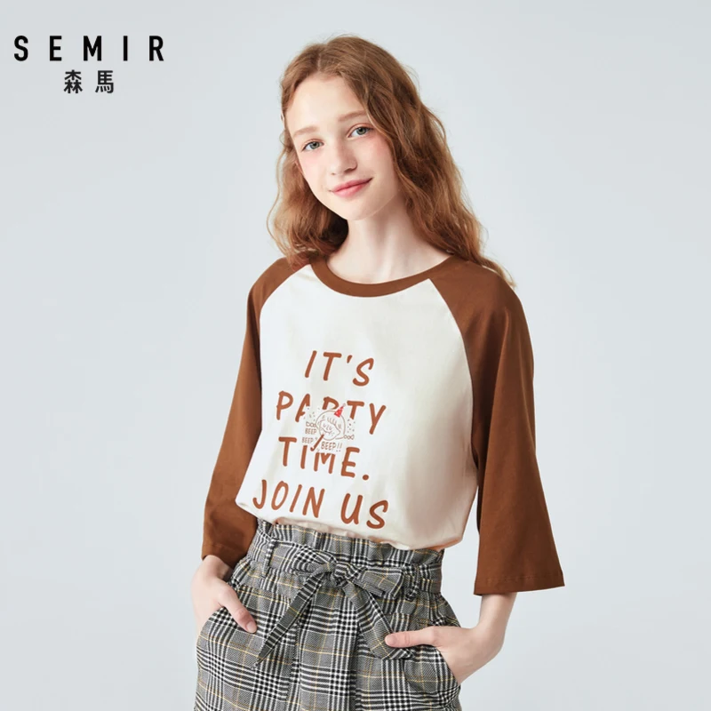 

SEMIR Three quarter sleeve T-shirt female 2019 new hit color raglan sleeves round neck playful Korean version ins female bottomi