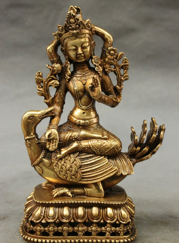 

S4101 8" Tibet Brass Buddhism 4 Arms Chenrezig Buddha Statue Kwan-Yin Tara Ride Duck D0317