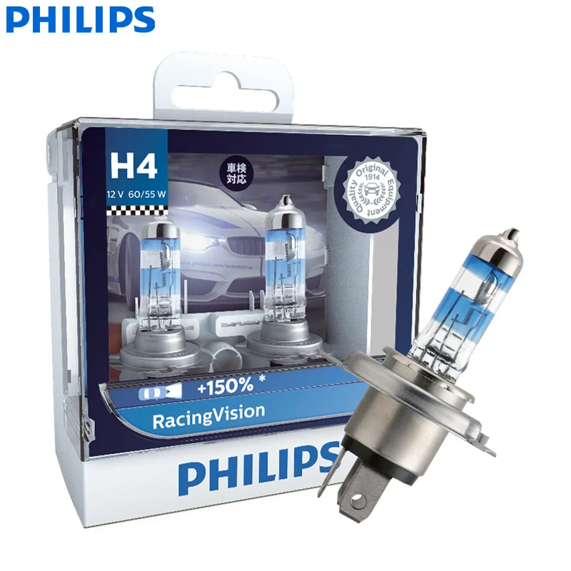 

Philips Racing Vision H4 9003 HB2 12V P43t 12342RVS2 +150% Brighter Light Auto Halogen Head Light HL Beam ECE Lamps (Twin Pack)