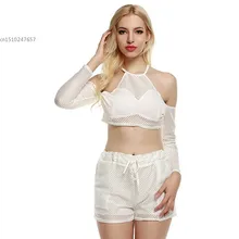 Summer style 2 Pieces Clothes Set Women halter long Sleeve Crop Tops and shorts Casual Outfits white 63