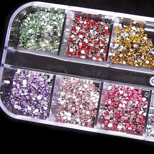 

600pcs 2mm ROUND RHINSTONES 12 Colors Hard Case NAIL ART Tips Acrylic UV Gel  smt 101