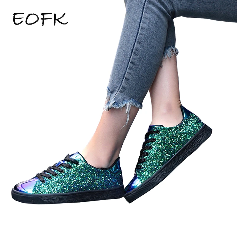 

EOFK 2019 New Fashion Spring Women Sneakers Casual Flat lace-Up Bling Glitter Shining Green Beautiful Vulcanized Shoes Woman