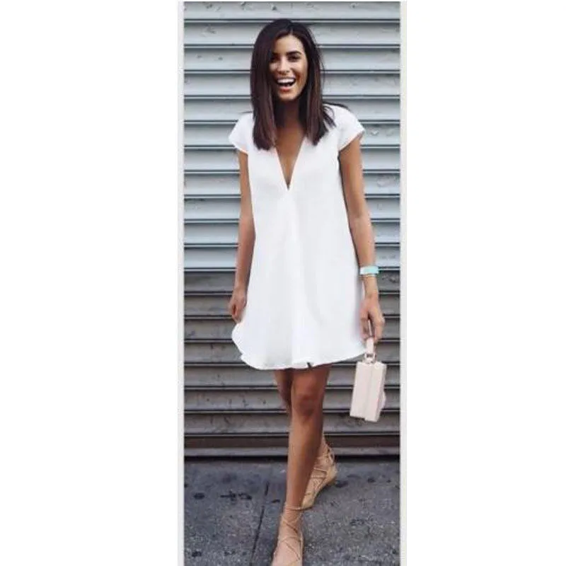 Women Casual Short Sleeve V-Neck Mini Dress 2019 Summer Lady Nigh Wear Loose Short Dresses