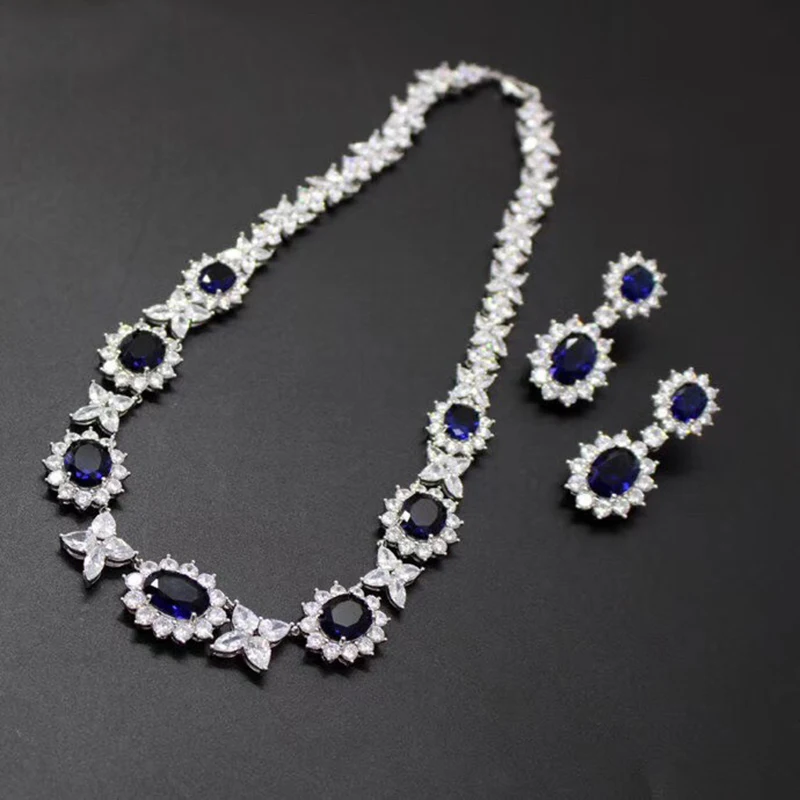 

Brand Fine Custom Jewelry For Women Flower Wedding Blue Crystal Party Jewelry Set Big Design Party Banquet Neckacle Earrings Set