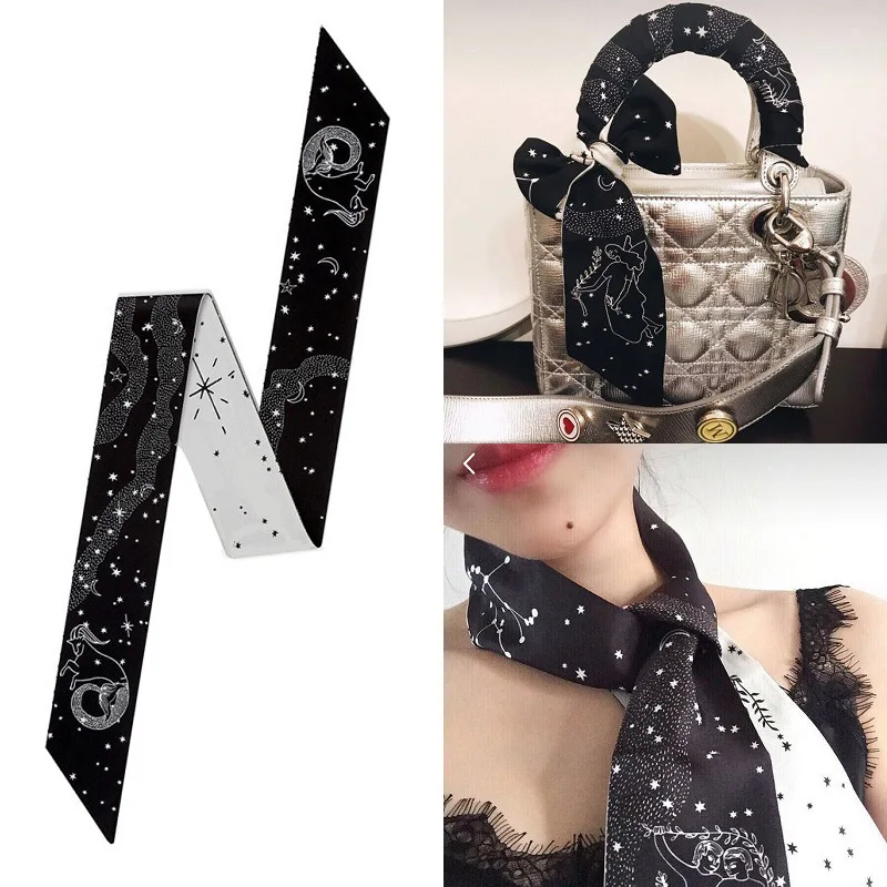 

Tarot Series 12 Constellations Twill Silk Ms. Small Ribbon Tied Bag Small Scarf Twill Strap Bag Handle Ribbon Scarf Women Long