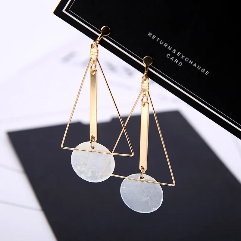 

White Round Shell Slice Stick Hollow Triangle Geometric Golden Drop Earrings Dangle Earrings for Women
