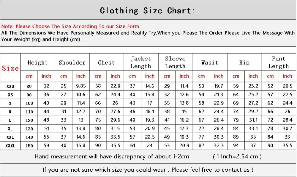 Boys Suit Size Chart