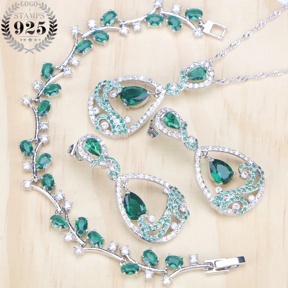 

Green Cubic Zirconia Silver 925 Bridal Jewelry Sets Women Costume Jewelry Rhinestone Earrings Bracelets Necklace Set Gift Box