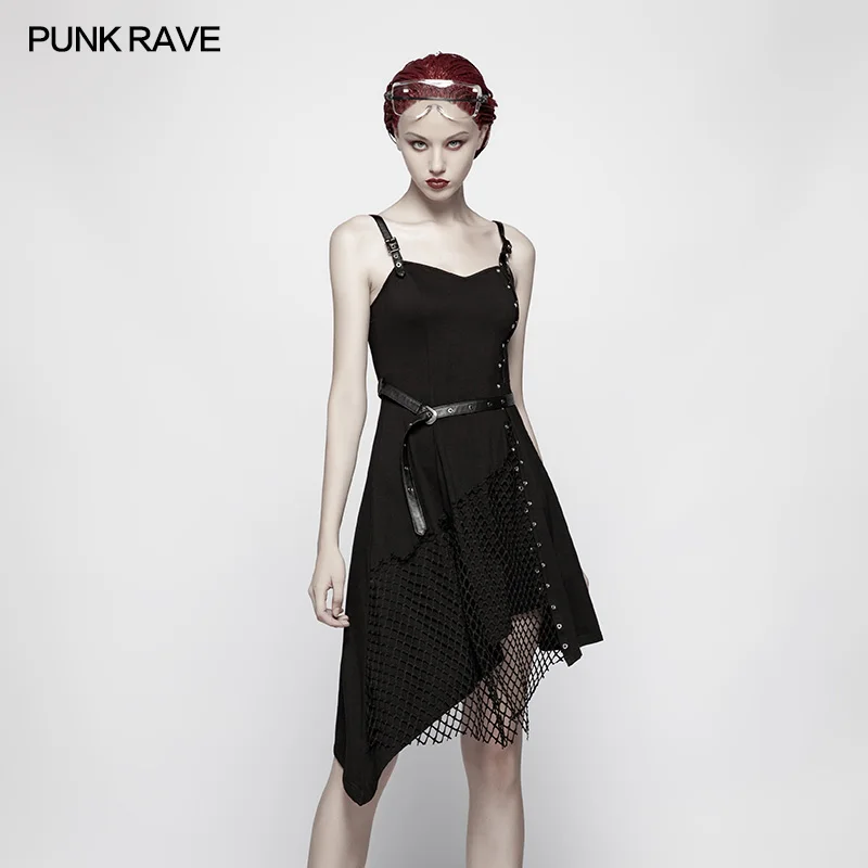 

PUNK RAVE Women Gothic Black Cotton Mesh Dress Fashion Slim-Fitting Casual Sexy Asymmetrical Sleeveless Women Strape Dress