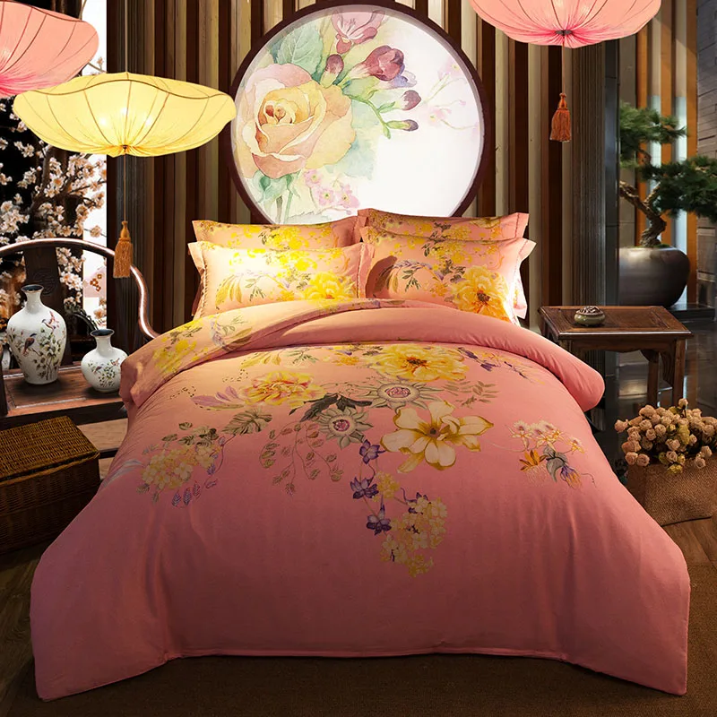 

Beauty Flowers Printed Bedding Set Full Queen King Size Bedspreads Duvet Covers Cotton Woven 600TC Pink Yellow Adult Girls Home